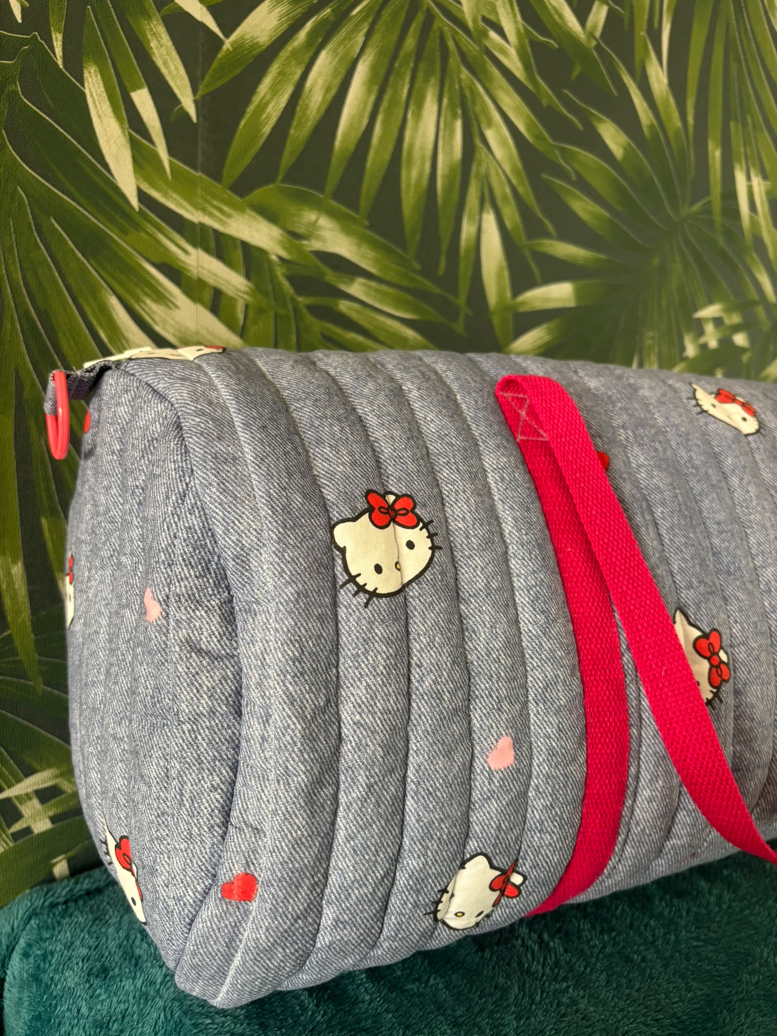 Grote duffle bag in denim look met katten kopje - Afbeelding 3
