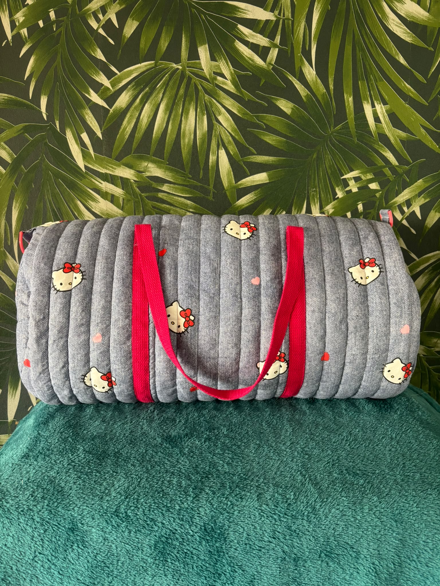 Grote duffle bag in denim look met katten kopje